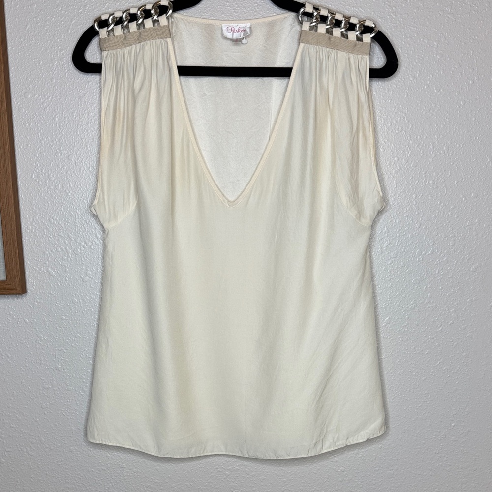 Parker 100% Silk Blouse Cream V-Neck with Chain‎ Detail - Small